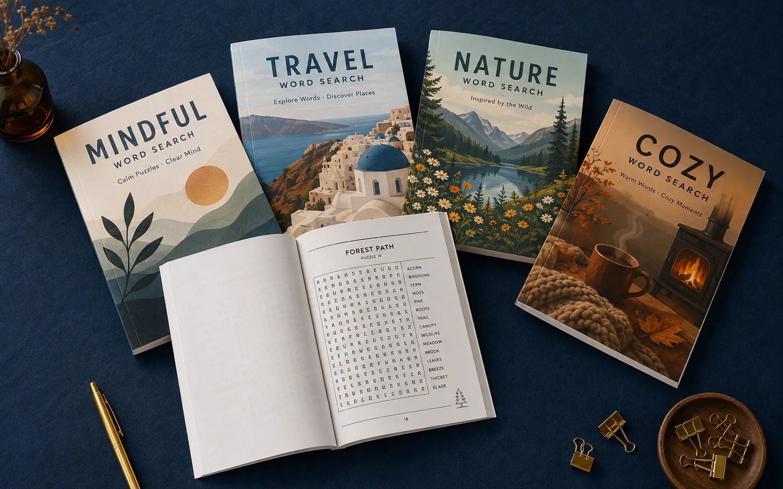 Four example word-search paperback concepts for mindfulness, travel, nature, and seasonal niches