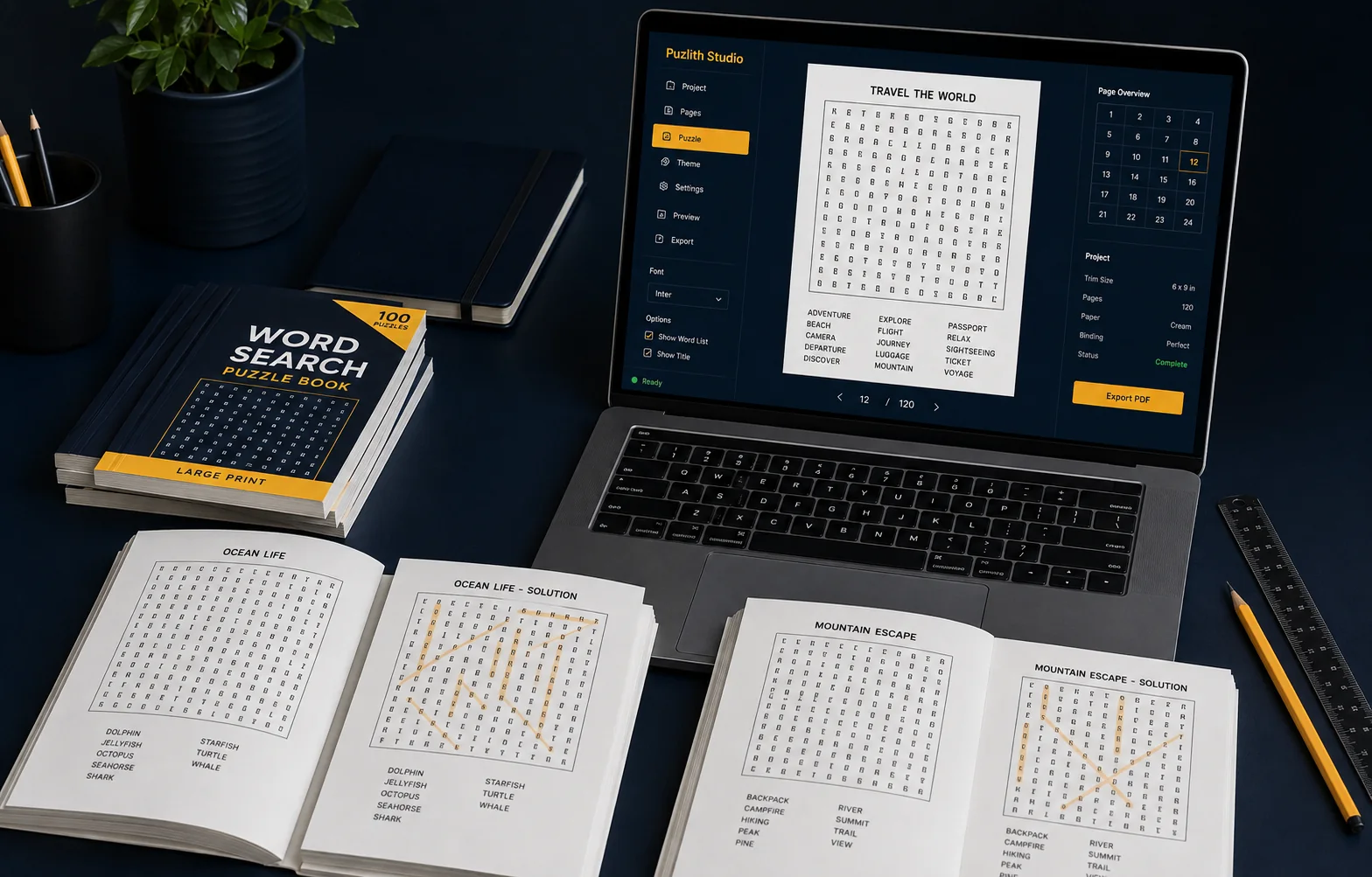 Word-search production workspace with printed puzzle and solution pages
