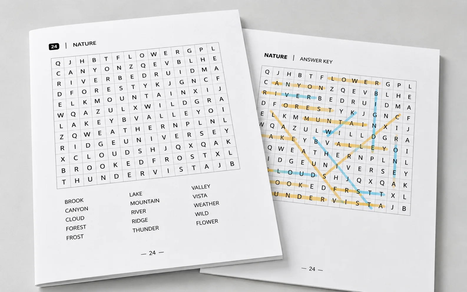 Clean word-search puzzle page and matching highlighted answer key